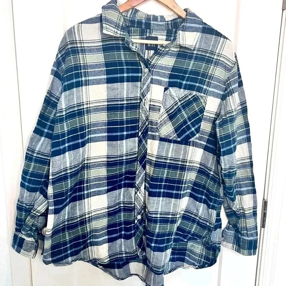 Vintage Gap Flannel Shirt Long Sleeve Button Down Pocket Blue & Green Plaid L